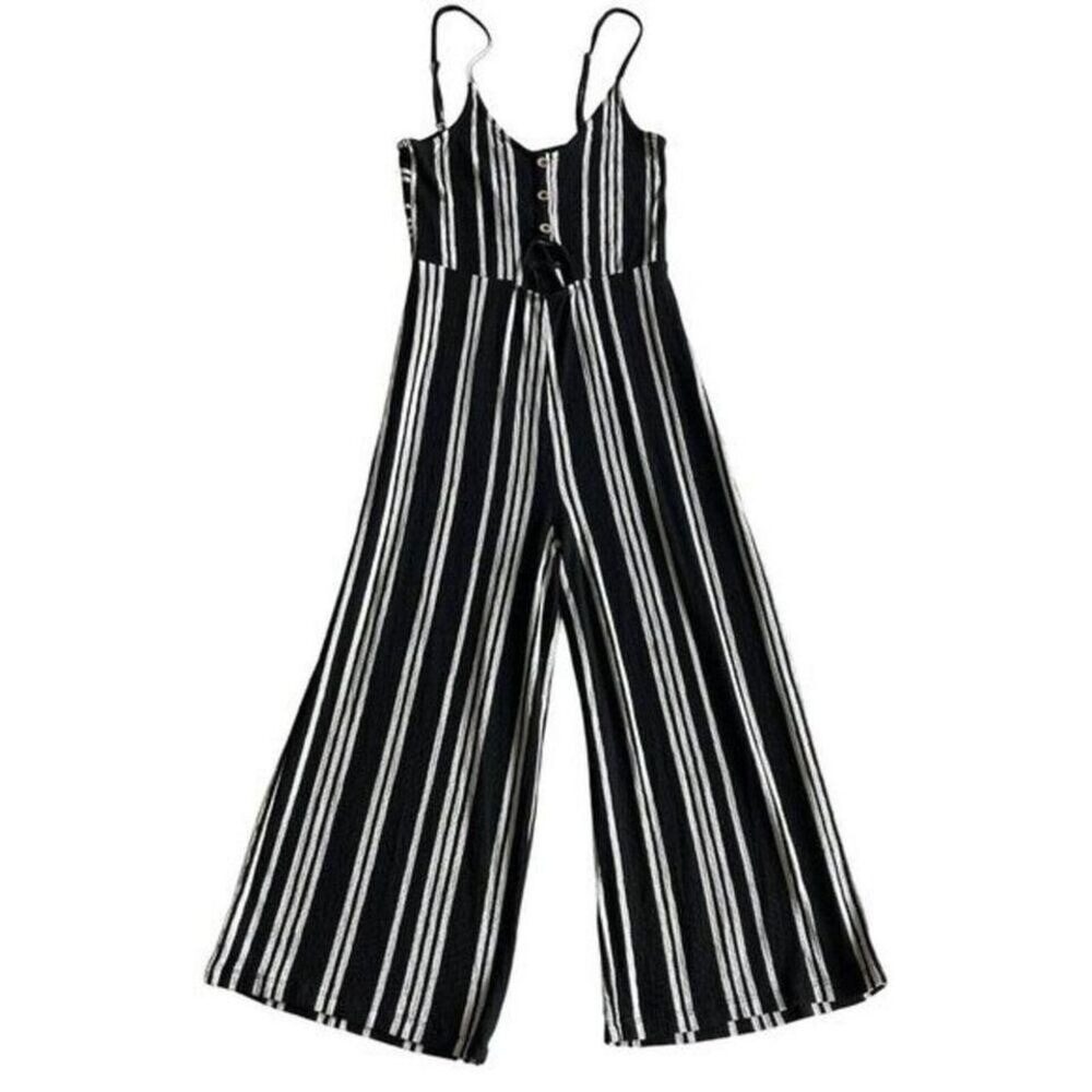 Love Tree Crop Jumpsuit Womens L Black White Stripe Wide Leg Nautical‎ Coastal - Picture 2 of 8